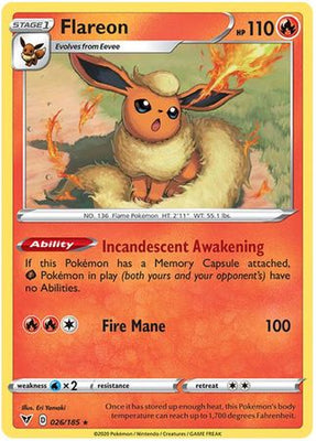 <transcy>Pokemon Card Vivid Voltage 026/185 26/185 Flareon Sjælden</transcy>