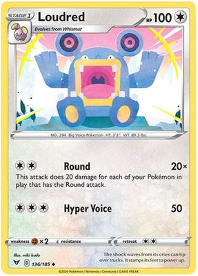 Pokemon Card Vivid Voltage 136/185 Loudred Uncommon