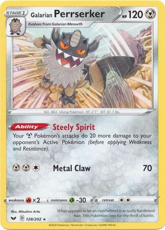 <transcy>Pokemon Card Sword and Shield 128/202 Galarian Perrserker Non Holo</transcy>