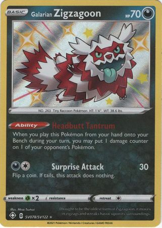 <transcy>Pokemon Card Shining Fates SV078 / SV122 SV78 / SV122 Galarian Zigzagoon Shiny Rare</transcy>