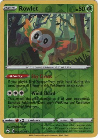 Pokemon Card Shining Fates 006/072 6/72 Rowlet Reverse Holo Common