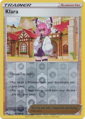 <transcy>Pokemon Card Chilling Reign 145/198 Klara Unterstützer Reverse Holo Gelegentlich</transcy>