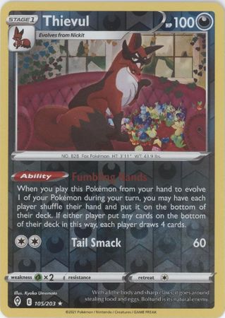 Pokemon Card Evolving Skies 105/203 105/203 Thievul Reverse Holo Rare