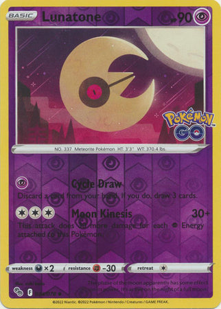 Pokemon Card Pokemon Go 34/78 Lunatone Reverse Holo Uncommon *MINT*