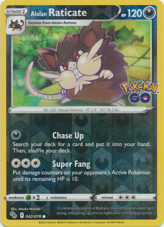 Pokemon Card Pokemon Go 42/78 Alolan Raticate Reverse Holo Common *MINT*