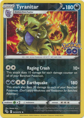 Pokemon Card Pokemon Go 43/78 Tyranitar Reverse Holo Rare *MINT*