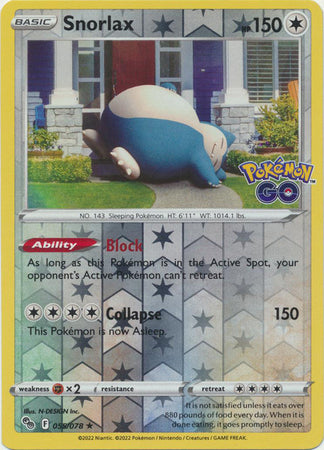 Pokemon Card Pokemon Go 55/78 Snorlax Reverse Holo Rare *MINT*