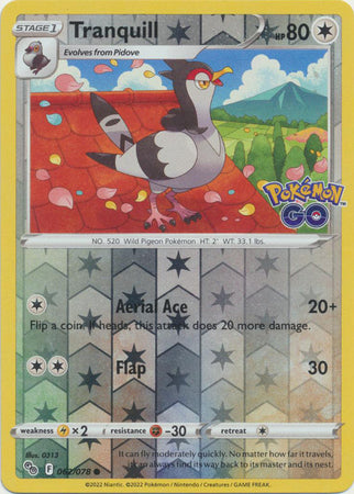 Pokemon Card Pokemon Go 62/78 Tranquill Reverse Holo Common *MINT*