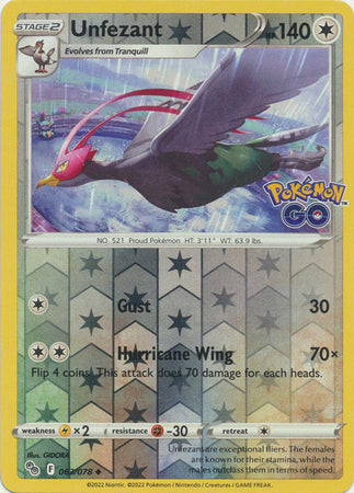 Pokemon Card Pokemon Go 63/78 Unfezant Reverse Holo Uncommon *MINT*