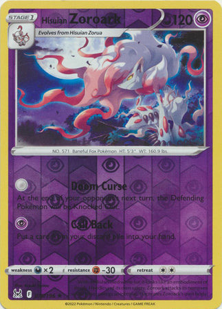 بطاقة بوكيمون مفقودة من أصل 076/196 76/196 Hisuian Zoroark Reverse Holo Rare *MINT*