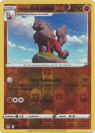 بطاقة بوكيمون مفقودة من أصل 084/196 84/196 Hisuian Arcanine Reverse Holo Rare *MINT*