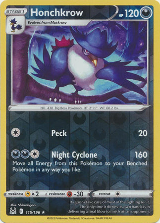 Pokemon Card Lost Origin 115/196 Honchkrow Reverse Holo Rare *MINT*