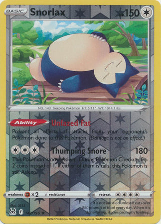 Pokemon Card Lost Origin 143/196 Snorlax Reverse Holo Rare *MINT*