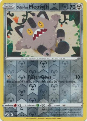 Pokemon Card Crown Zenith 084/159 84/159 Galarian Meowth Reverse Holo Common *MINT*