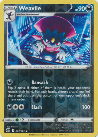 Pokemon Card Brilliant Stars 087/172 87/172 Weavile Reverse Holo Uncommon