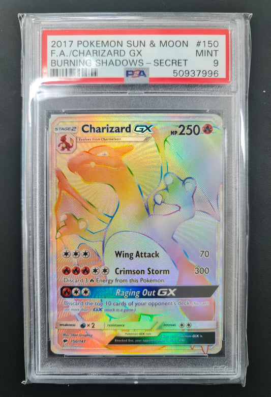 <transcy>Pokemon Card Sun &amp; Moon: Burning Shadows 150/147 Charizard GX Secret Hyper Sjælden PSA MINT 9</transcy>