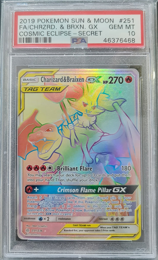 <transcy>Pokemon Card Cosmic Eclipse 251/236 Charizard &amp; Braixen Tag Team GX Hyper Sjælden PSA GEM MINT 10</transcy>
