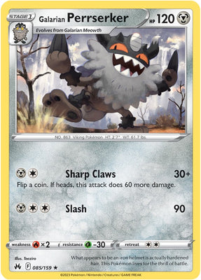 Pokemon Card Crown Zenith 085/159 85/159 Galarian Perrserker Rare *MINT*