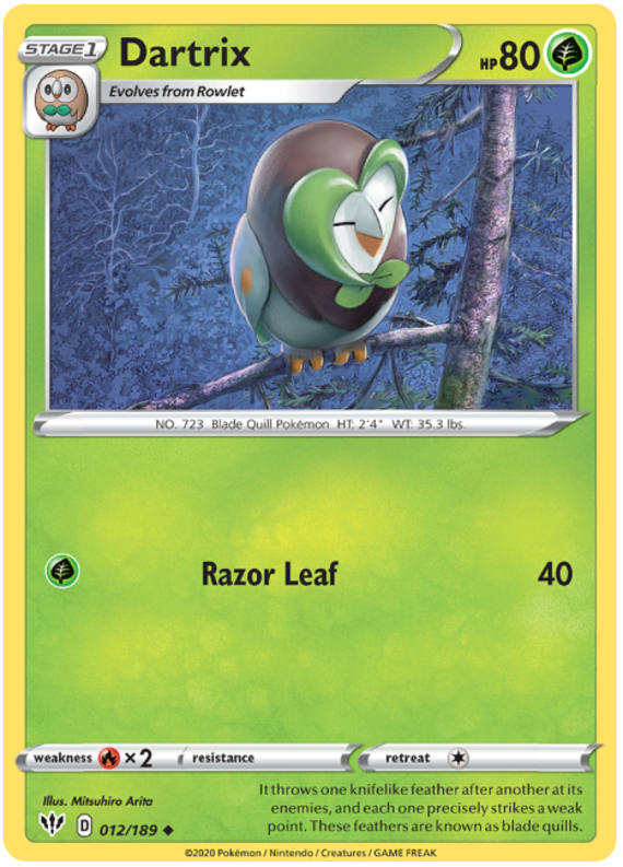 <transcy>Pokemon Card Darkness Alaze 12/189 012/189 Dartrix Gelegentlich</transcy>