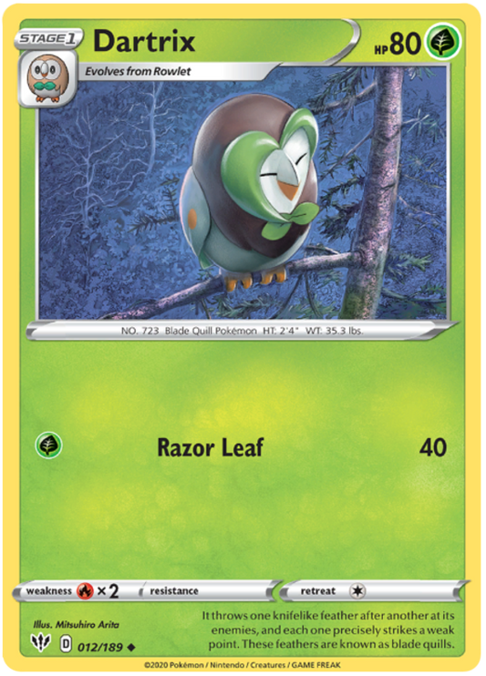 <transcy>Pokemon Card Darkness Alaze 12/189 012/189 Dartrix Gelegentlich</transcy>