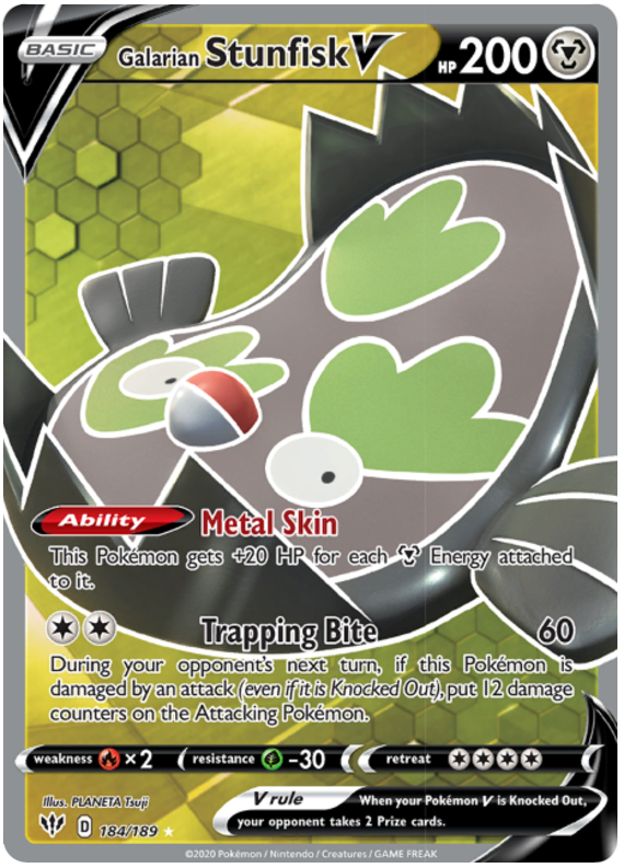 <transcy>Pokemon Card Darkness Alaze 184/189 184/189 Galarian Stunfisk V Full Art</transcy>