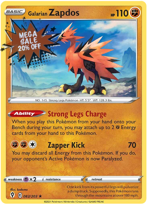 Pokemon Card Evolving Skies 82/203 082/203 Galarian Zapdos Holo Rare