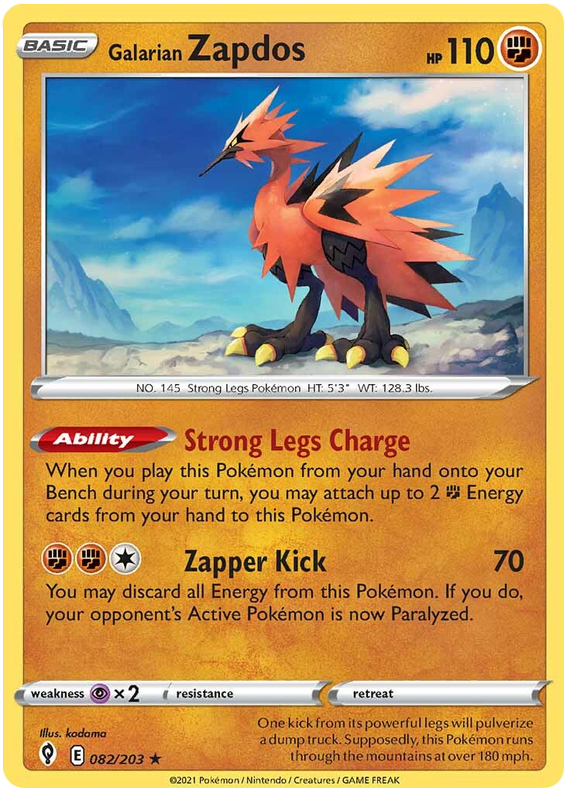 Pokemon Card Evolving Skies 82/203 082/203 Galarian Zapdos Holo Rare