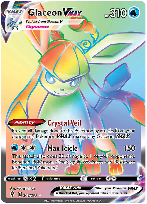 <transcy>لعبة Pokemon Card Evolution Skies 208/203 208/203 Glaceon VMAX Hyper Rare</transcy>