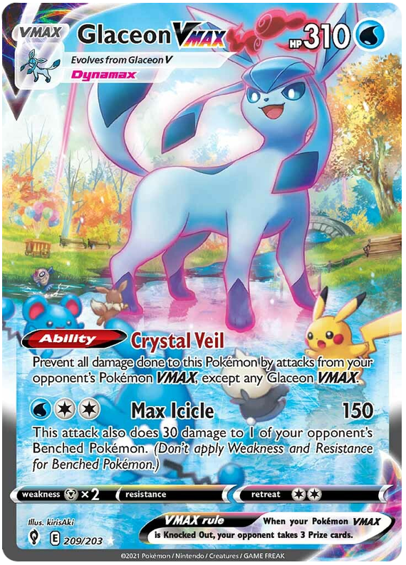 <transcy>لعبة Pokemon Card Evolution Skies 209/203 209/203 Glaceon VMAX Secret Rare</transcy>