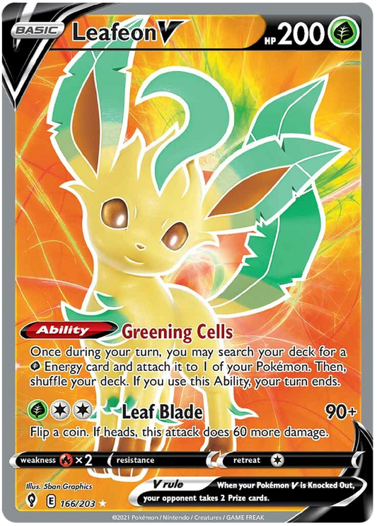 لعبة Pokemon Card Evolution Skies 166/203 166/203 Leafeon V Full Art * M *