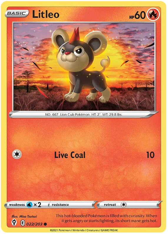 <transcy>Pokemon Card Evolving Skies 22/203 022/203 Litleo Common</transcy>