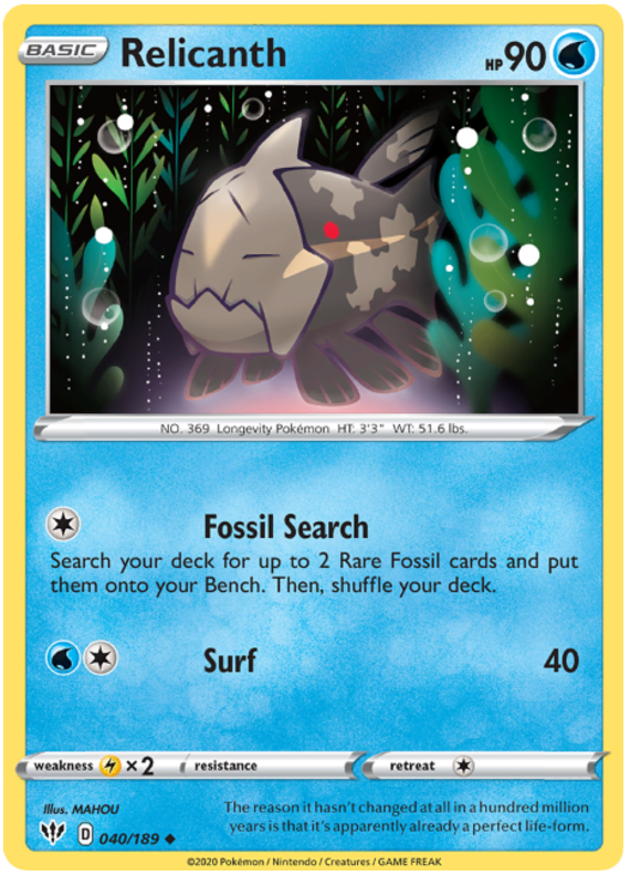 <transcy>Pokemon Card Darkness Alaze 40/189 040/189 Relicanth Ungewöhnlich</transcy>