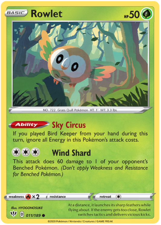 <transcy>Pokemon Card Darkness Alaze 11/189 011/189 Rowlet Common</transcy>