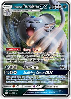 <transcy>Pokemon Card Cosmic Eclipse 129/236 Alolan Persian GX Ultra Sjælden</transcy>