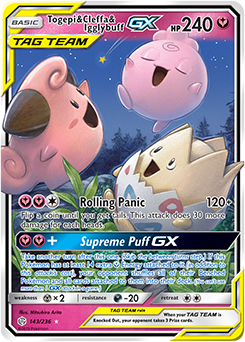 <transcy>Pokemon Card Cosmic Eclipse 143/236 Togepi &amp; Cleffa &amp; Igglybuff Tag Team GX Ultra Sjælden</transcy>