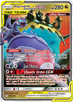 <transcy>Pokemon Card Cosmic Eclipse 158/236 Naganadel &amp; Guzzlord Tag Team GX Ultra Sjælden</transcy>