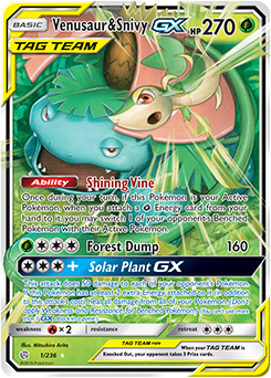 <transcy>Pokemon Card Cosmic Eclipse 001/236 1/236 Venusaur &amp; Snivy Tag Team GX Ultra Sjælden</transcy>